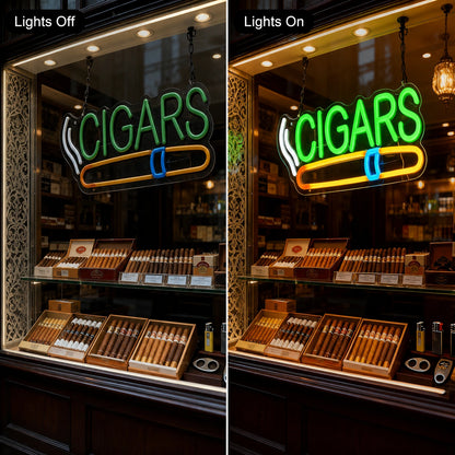 Green Cigars Shop Neon Sign LED Neon Sign day and night comparison