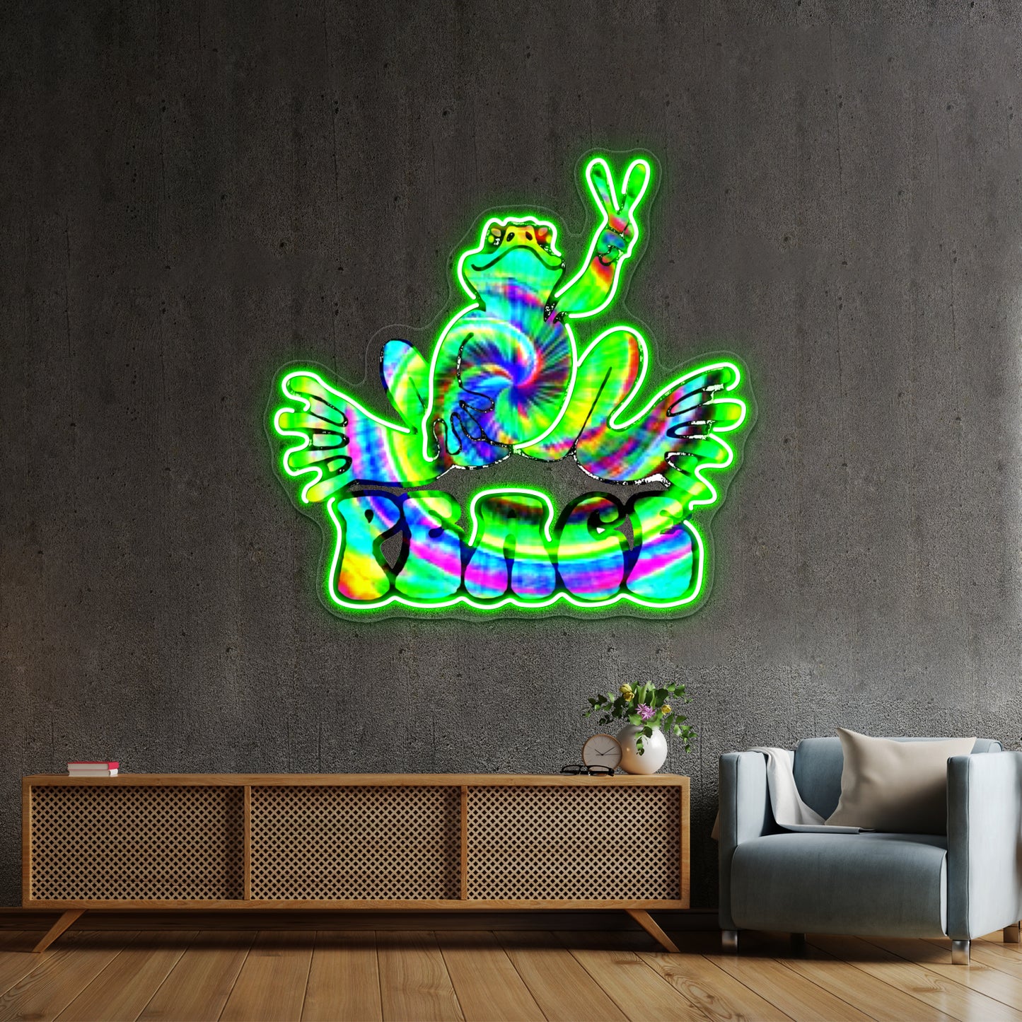 Green Fractal Peace Frog Wall Artwork Neon Signs