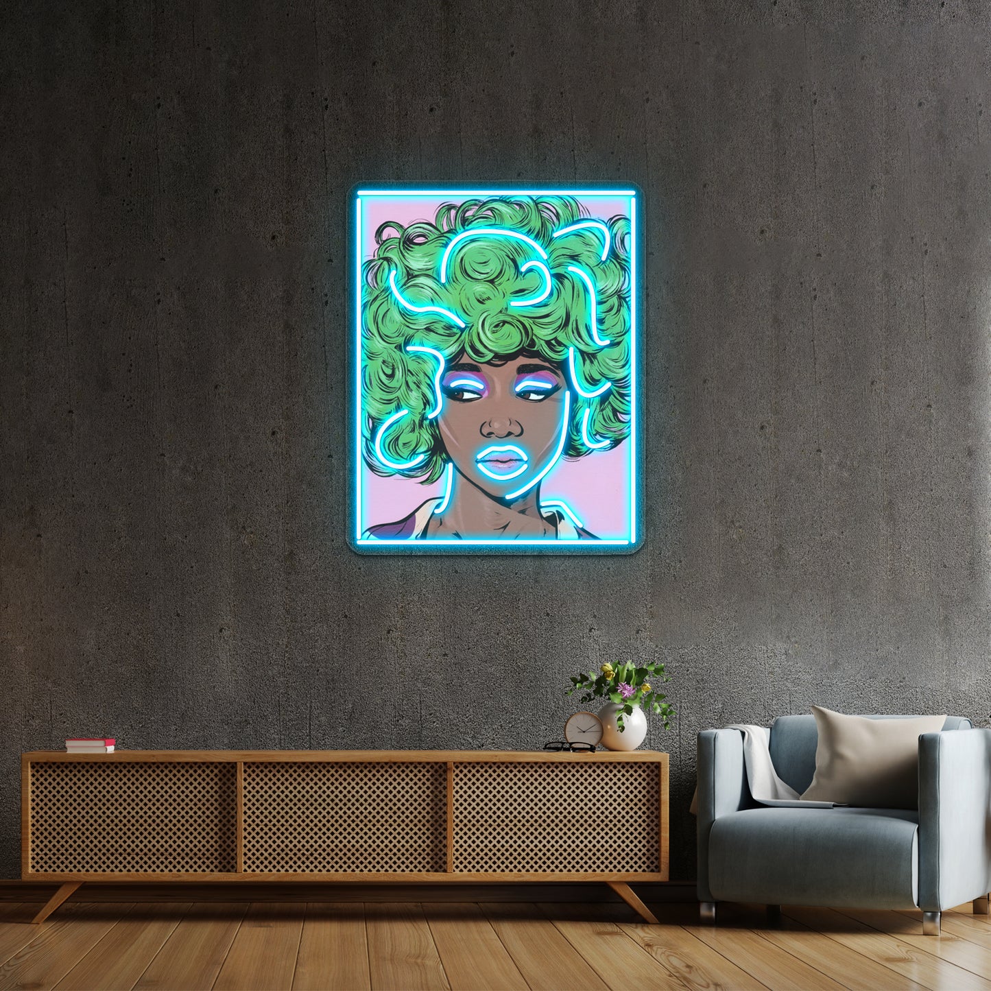 Green Haired Kawaii Comic Girl Artwork Large Neon Signs