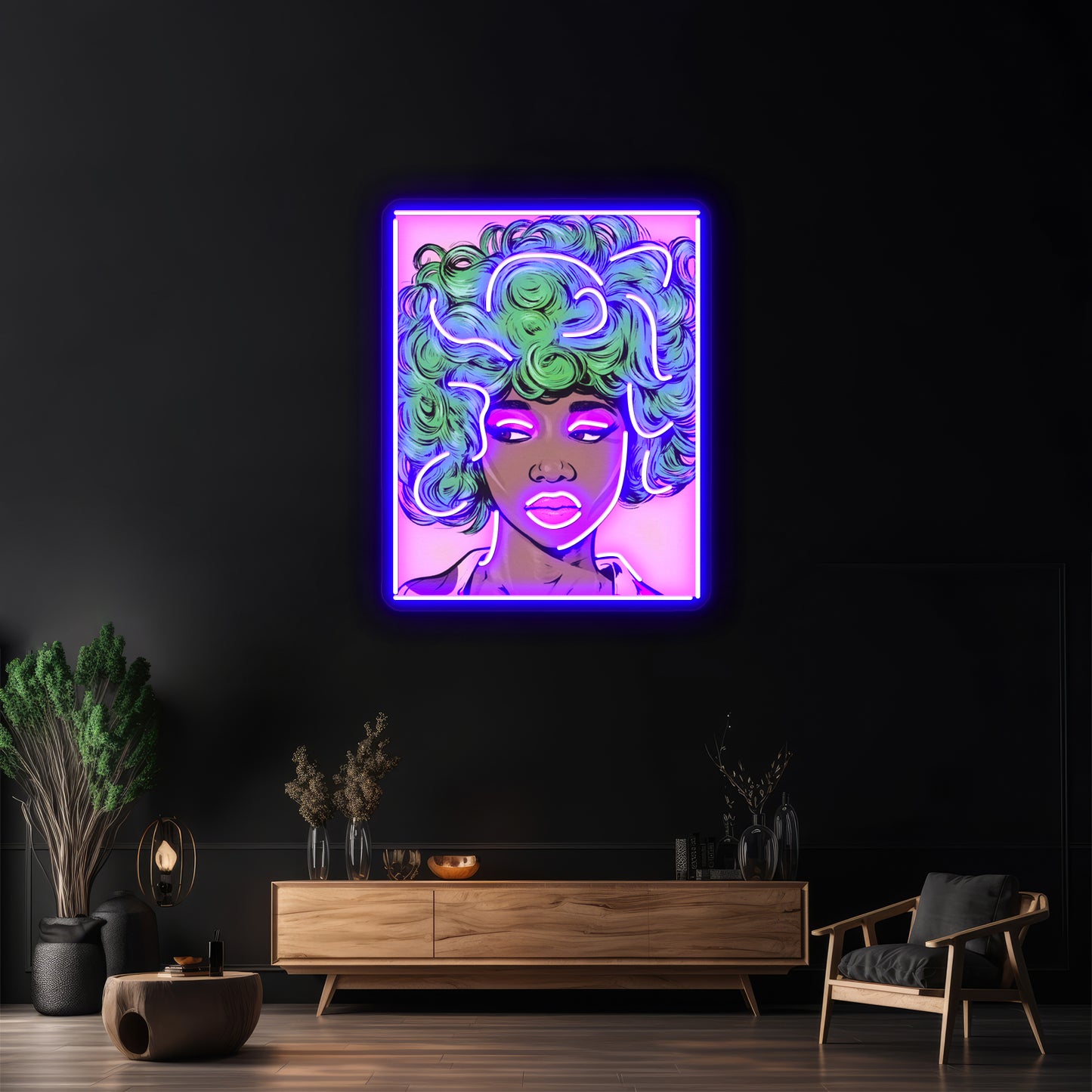 Green Haired Kawaii Comic Girl Artwork Large Neon Signs