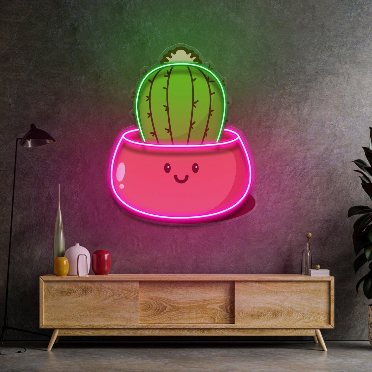 Green-Pink Cartoon Cactus In Pot Uv Printed Led Neon Sign For Kawaii Indoor Home Decor | Shineneon
