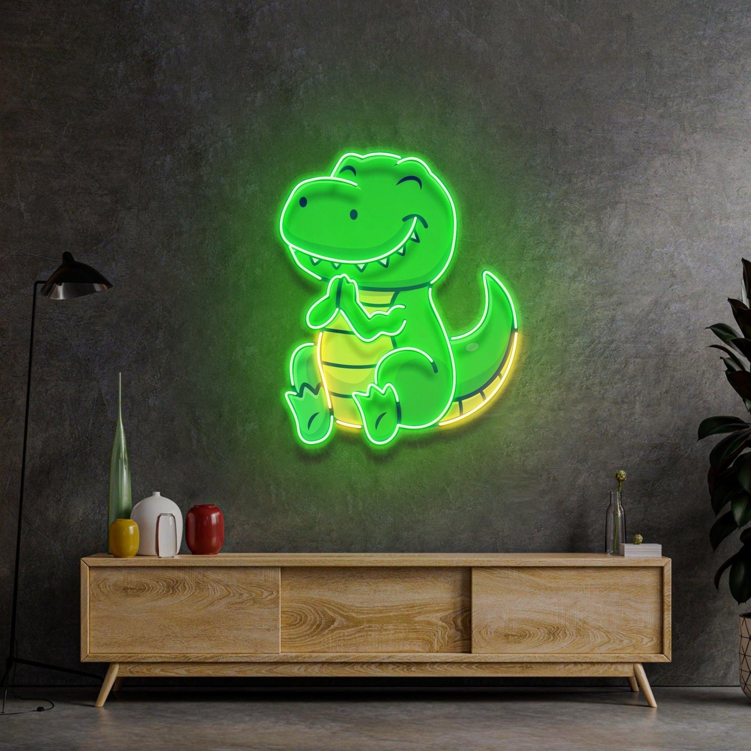 Green-Yellow Cartoon Dinosaur Clapping Uv Printed Led Neon Sign For Kids Room Decor | Shineneon