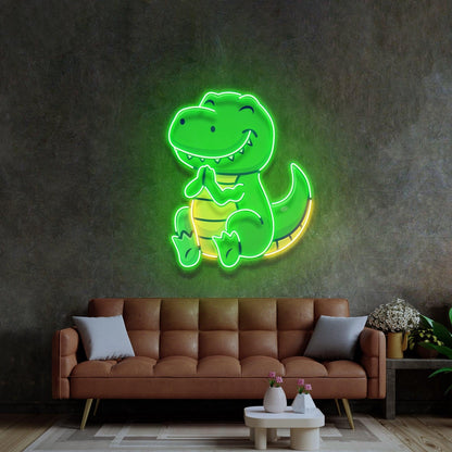 Green-Yellow Cartoon Dinosaur Clapping Uv Printed Led Neon Sign For Kids Room Decor | Shineneon