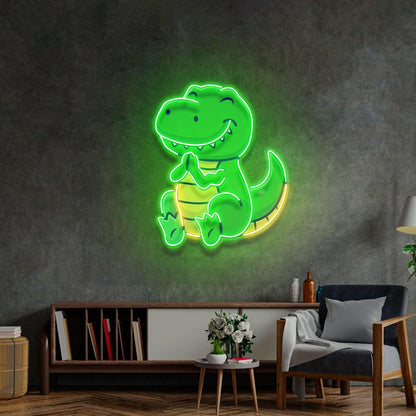 Green-Yellow Cartoon Dinosaur Clapping Uv Printed Led Neon Sign For Kids Room Decor | Shineneon