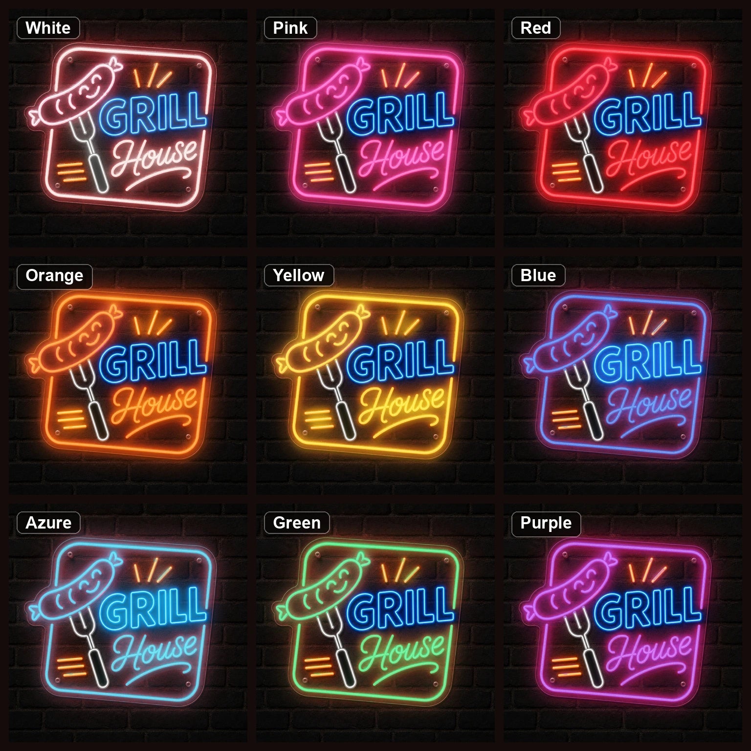 Grill House BBQ LED Neon Sign color grid