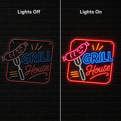 Grill House BBQ LED Neon Sign day and night comparison