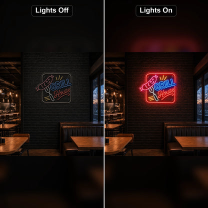 Grill House BBQ LED Neon Sign Home Bar Wall Decoration day and night comparison