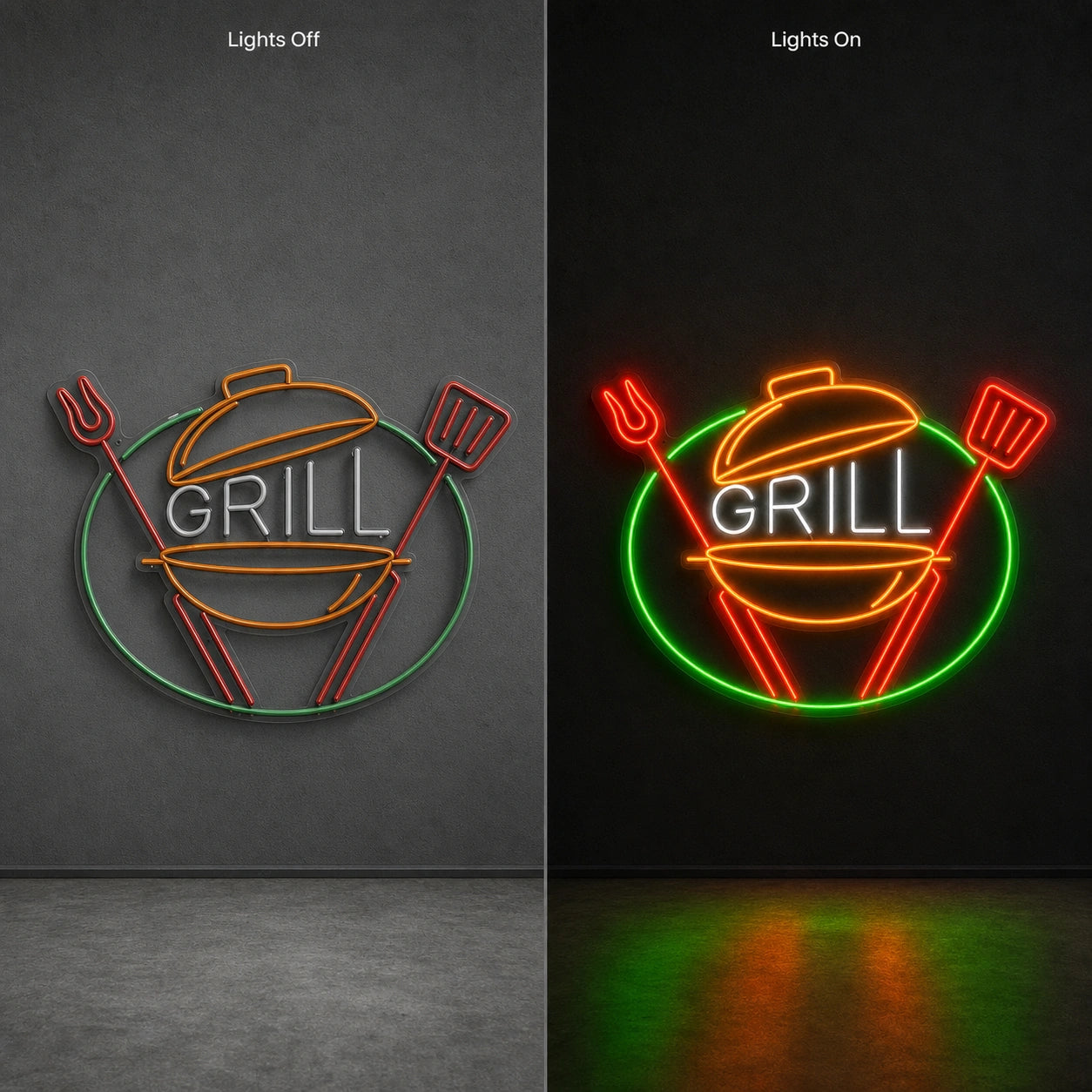 Grill Kettle Tools LED Neon Sign Man Cave Neon Sign day and night comparison