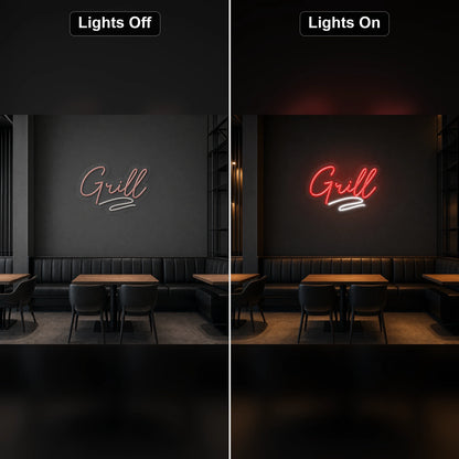 Grill Script LED Neon Sign Home Garage Wall Decoration day and night comparison