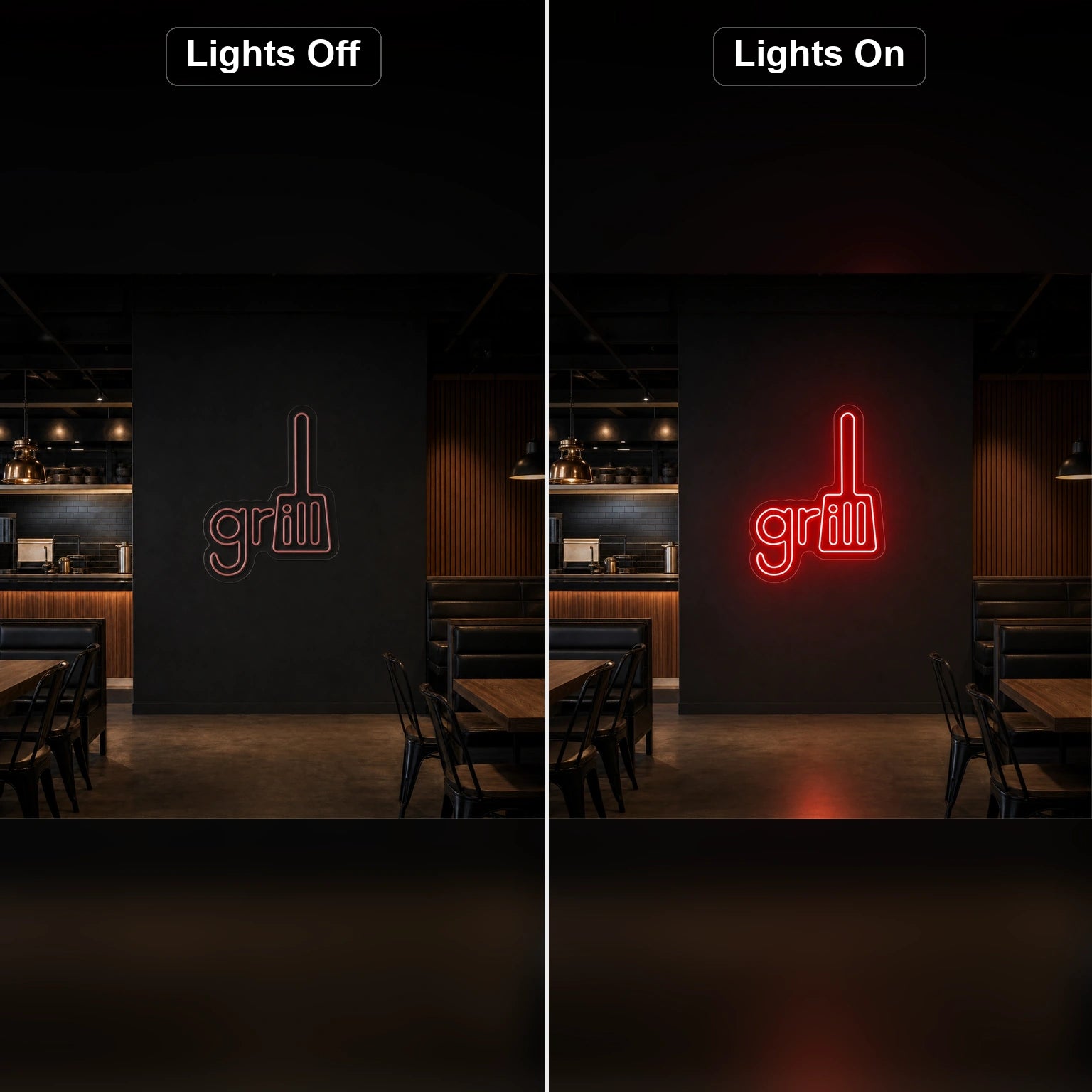 Grill Spatula LED Neon Sign Home Garage Wall Decoration day and night comparison