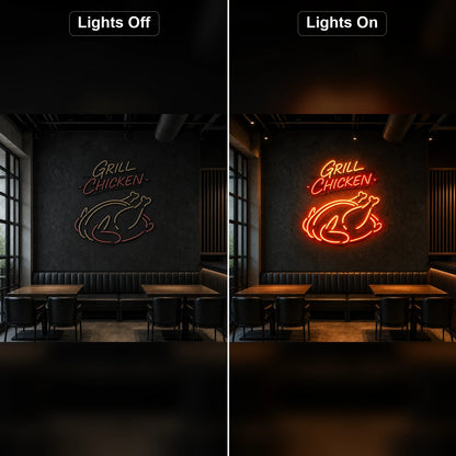 Grilled Chicken LED Neon Sign Home Garage Wall Decoration day and night comparison