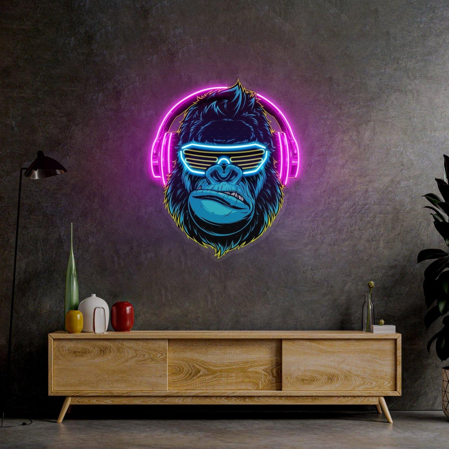 Groovy Gorilla Headphones Uv Printed Led Neon Sign Artwork For Trendy Indoor Decor | Shineneon