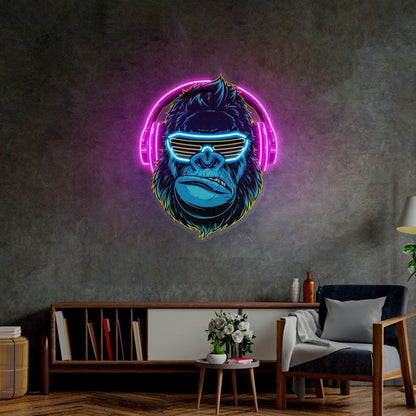 Groovy Gorilla Headphones Uv Printed Led Neon Sign Artwork For Trendy Indoor Decor | Shineneon
