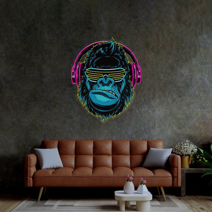 Groovy Gorilla Headphones Uv Printed Led Neon Sign Artwork For Trendy Indoor Decor | Shineneon