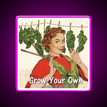 Grow Your Own Hemp Inspired Green Leaf Led Neon Sign Rgb Color - Neon sign mounted on wall in room