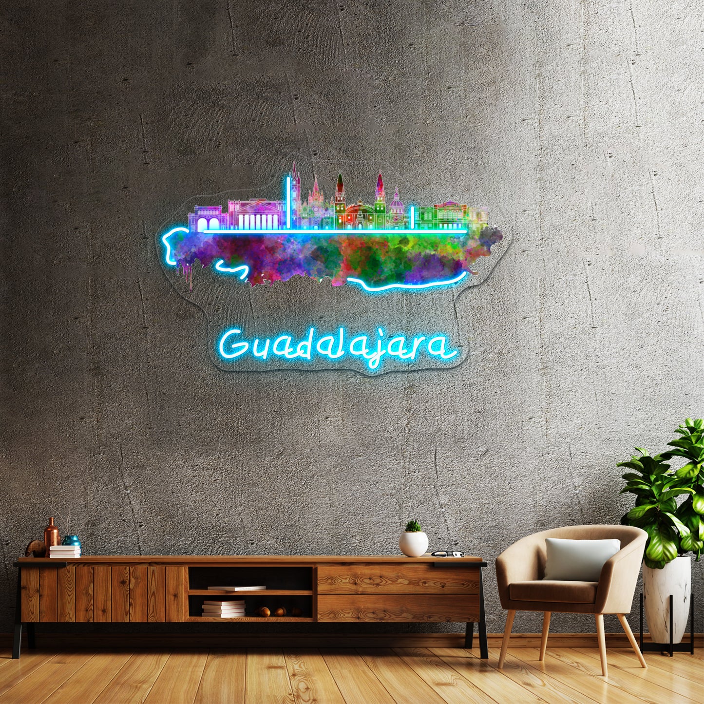 Guadalajara Skyline In Watercolor Wall Artwork Neon Signs