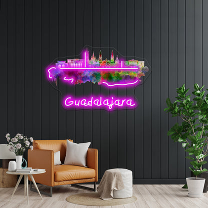 Guadalajara Skyline In Watercolor Wall Artwork Neon Signs