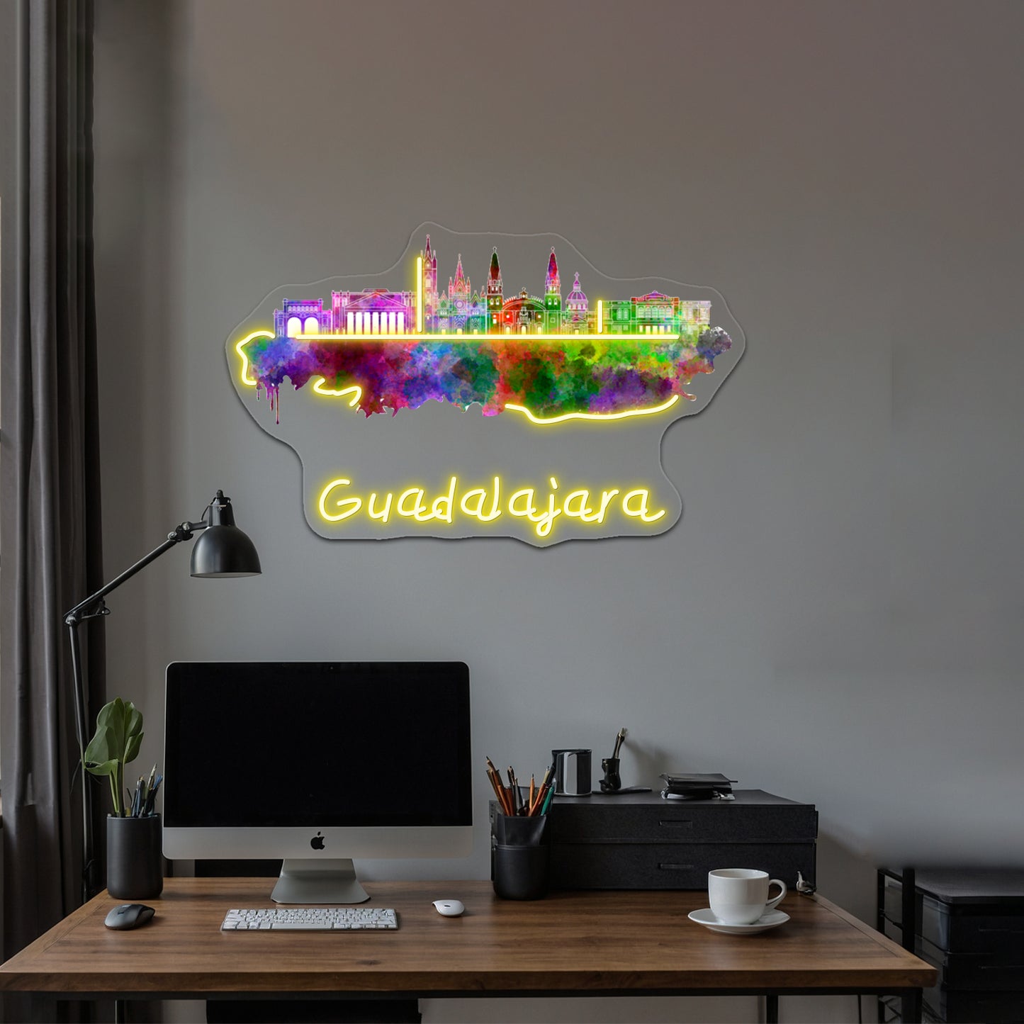 Guadalajara Skyline In Watercolor Wall Artwork Neon Signs