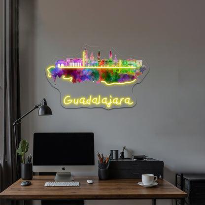 Guadalajara Skyline In Watercolor Wall Artwork Neon Signs