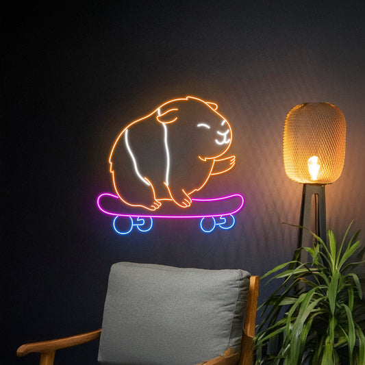 Guinea Pig Skateboarding Neon Sign