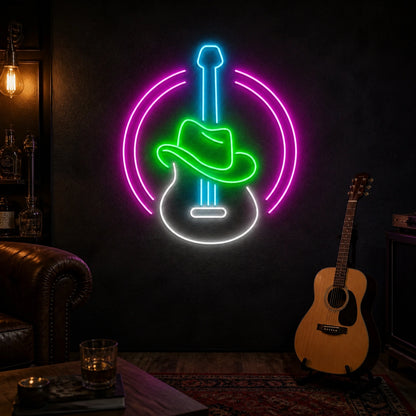 Guitar With Cowboy Hat Man Cave Neon Sign Vintage LED Neon Sign real lifestyle scene