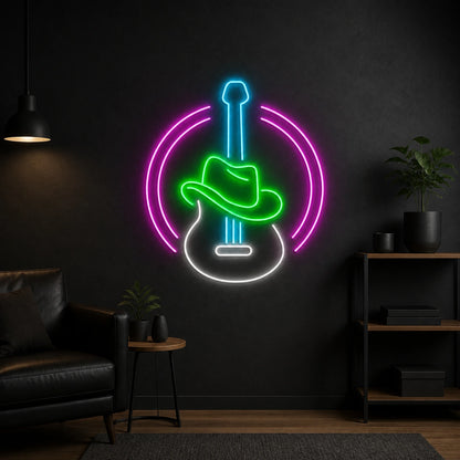 Guitar With Cowboy Hat Man Cave Neon Sign Vintage LED Neon Sign size image