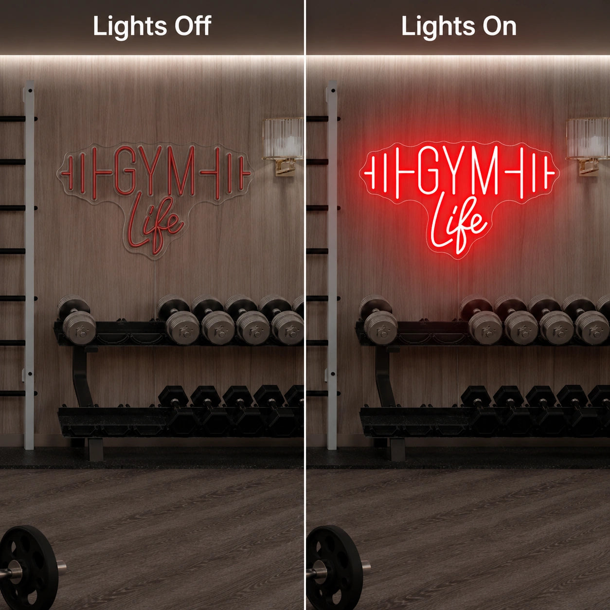 Gym Life Wall Neon Sign LED Neon Sign day and night comparison