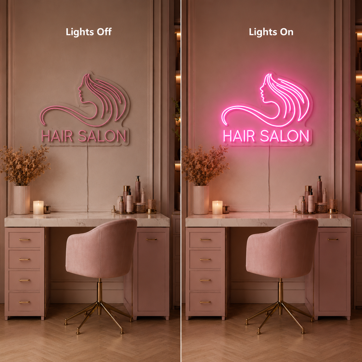 Hair Salon LED Neon Sign Bedroom Decor - 06 Day Night Comparison