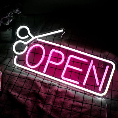 Hair Salon Open Pink White Scissor Led Neon Sign For Shop Decor - Shineneon
