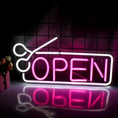 Hair Salon Open Pink White Scissor Led Neon Sign For Shop Decor - Shineneon