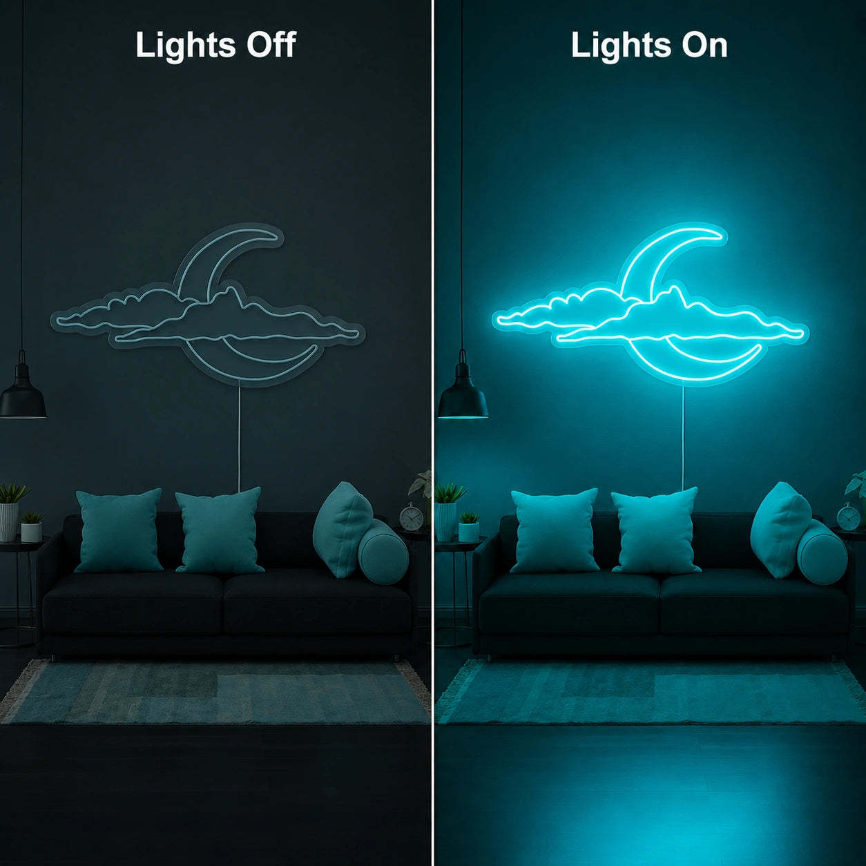 Half Moon Clouds Neon Sign LED Neon Sign day and night comparison