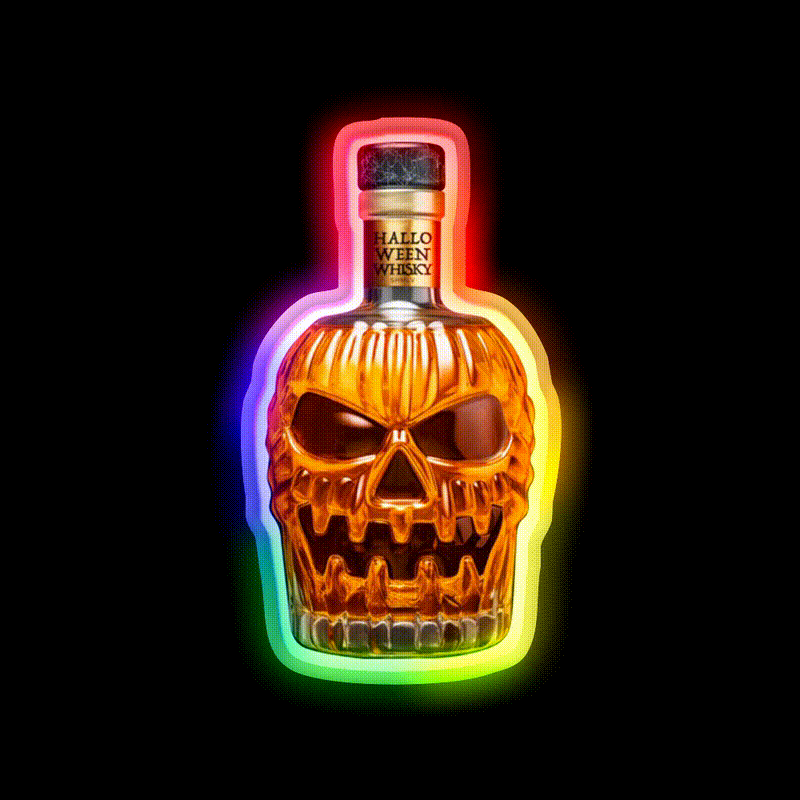 Halloween Whisky Pumpkin Bottle Whiskey Drink Bar Led Neon Sign Rgb Color