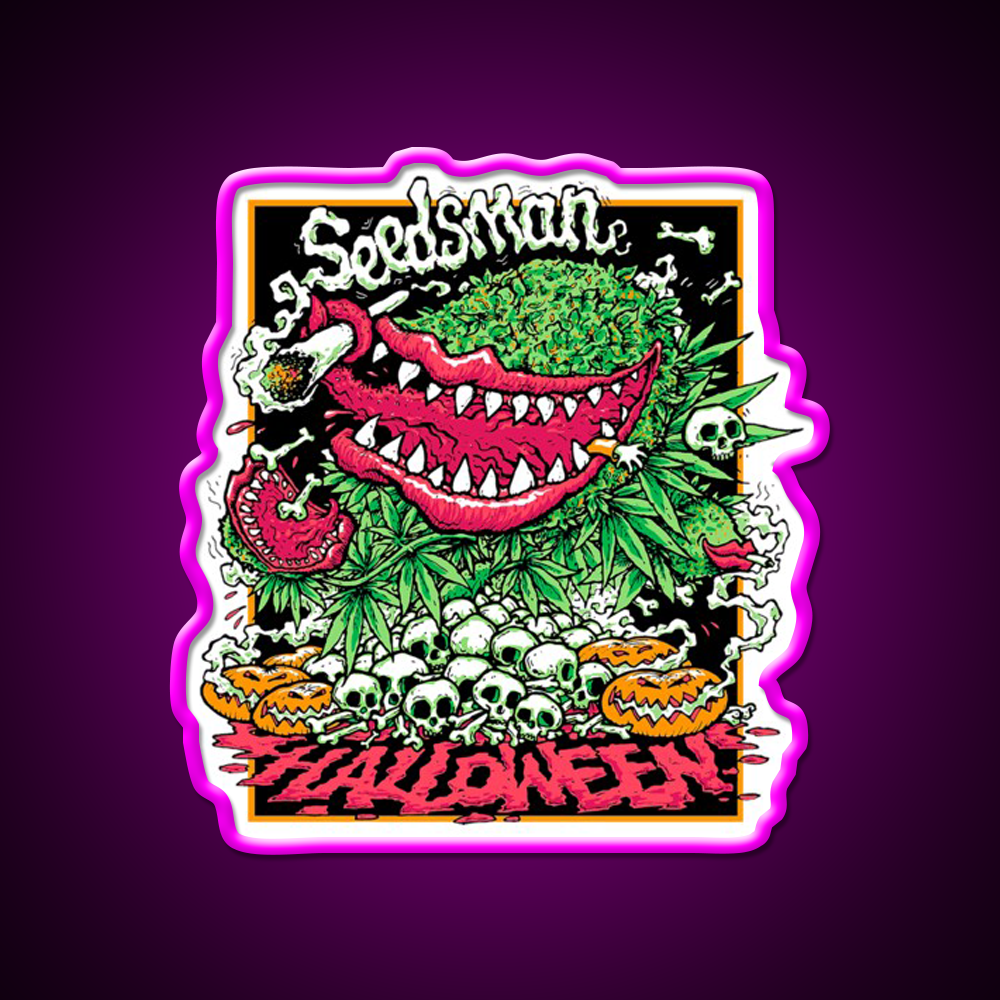 Halloweens Carnivore Seeds Hemp Inspired Green Leaf Led Neon Sign Rgb Color - Neon sign mounted on wall in room