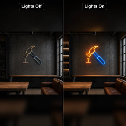 Hammer And Nail LED Neon Sign Home Garage Wall Decoration day and night comparison