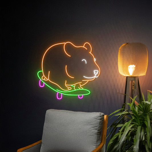 Hamster Skateboarding Neon Sign