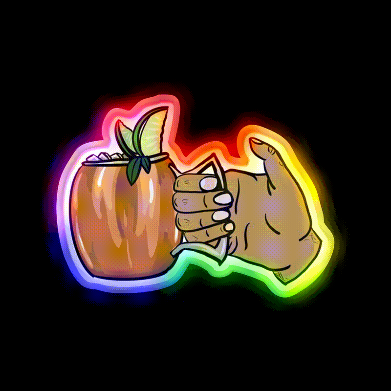 Hand Holding Moscow Mule Cocktail Bar Decor Led Neon Sign Rgb Color - LED neon sign close-up detail
