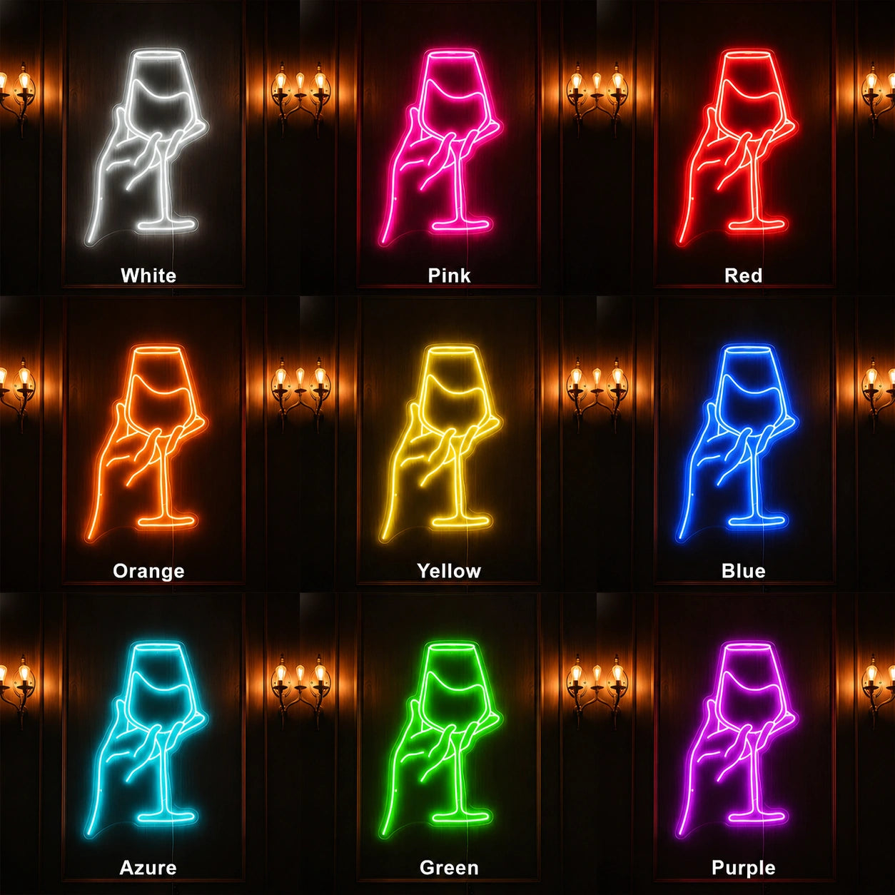 Hand Holding Wine Glass LED Neon Sign day and night comparison