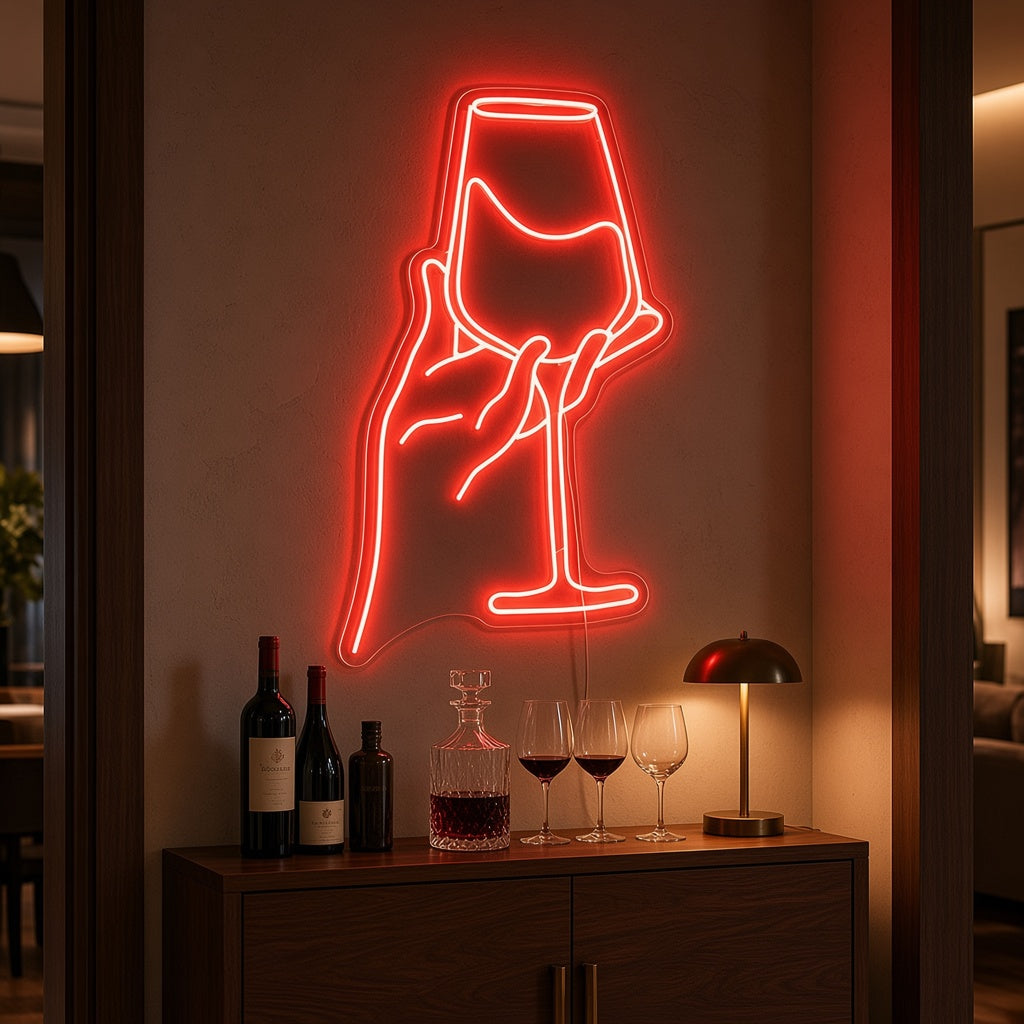 Hand Holding Wine Glass LED Neon Sign - advertising view