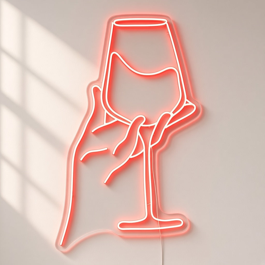 Hand Holding Wine Glass LED Neon Sign - natural light view