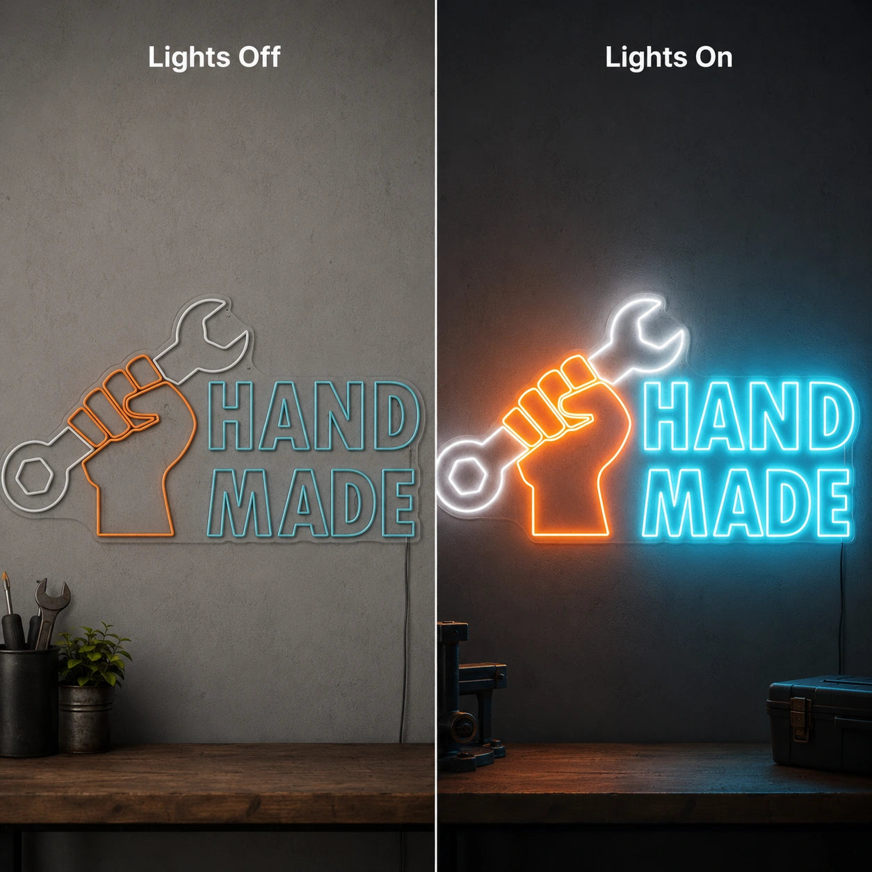 Hand Made Wrench Neon Sign LED Neon Sign day and night comparison
