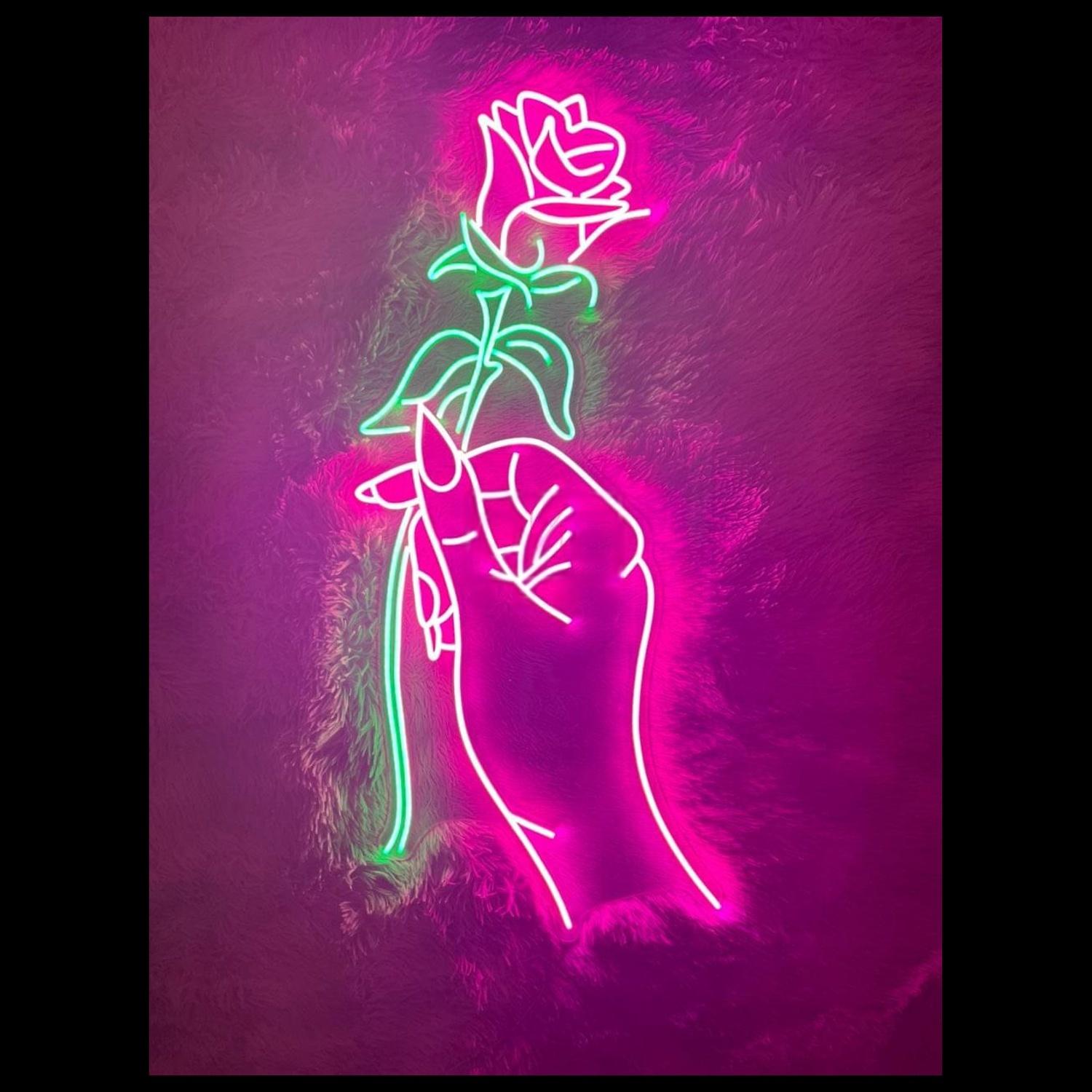 Hand Of Love Pink Green Rose Led Neon Sign Wall Art | Shineneon