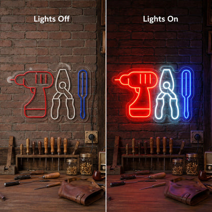 Hand Tool Icons Neon Sign LED Neon Sign day and night comparison