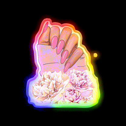 Hand With Pink Nails And Flowers Nail Salon Led Neon Sign Rgb Color - LED neon sign close-up detail