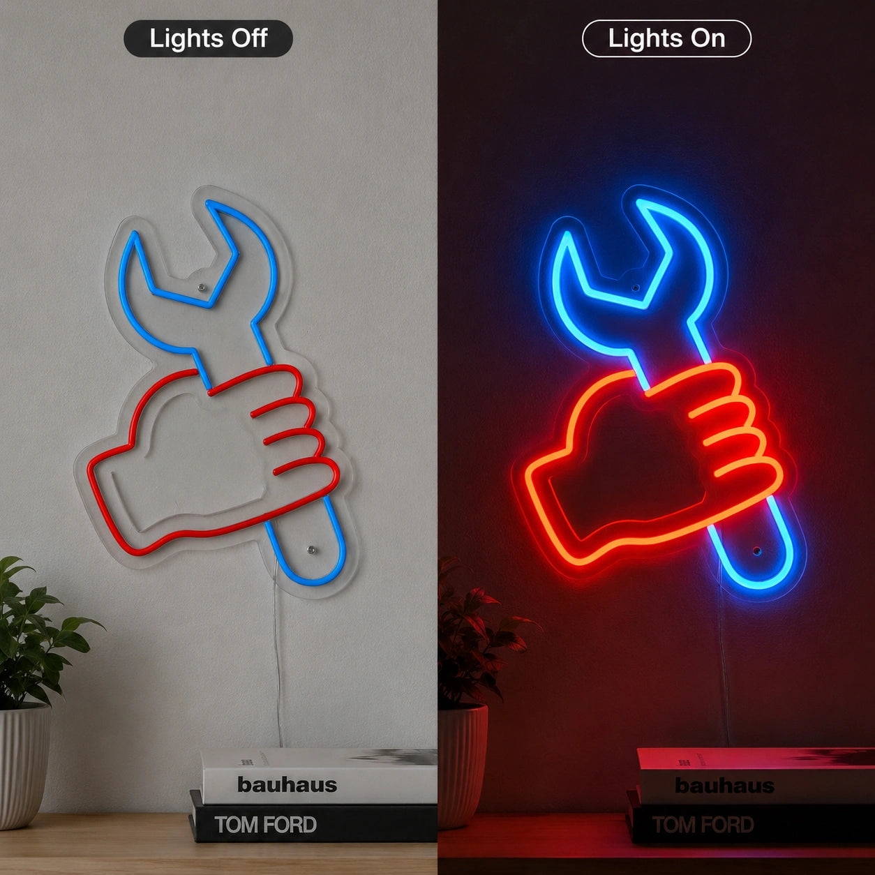 Hand Wrench Neon Sign LED Neon Sign day and night comparison