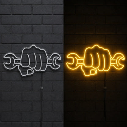 Hand Wrench Vintage LED Neon Sign day and night comparison