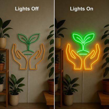 Hands Sprout Neon Sign LED Neon Sign day and night comparison