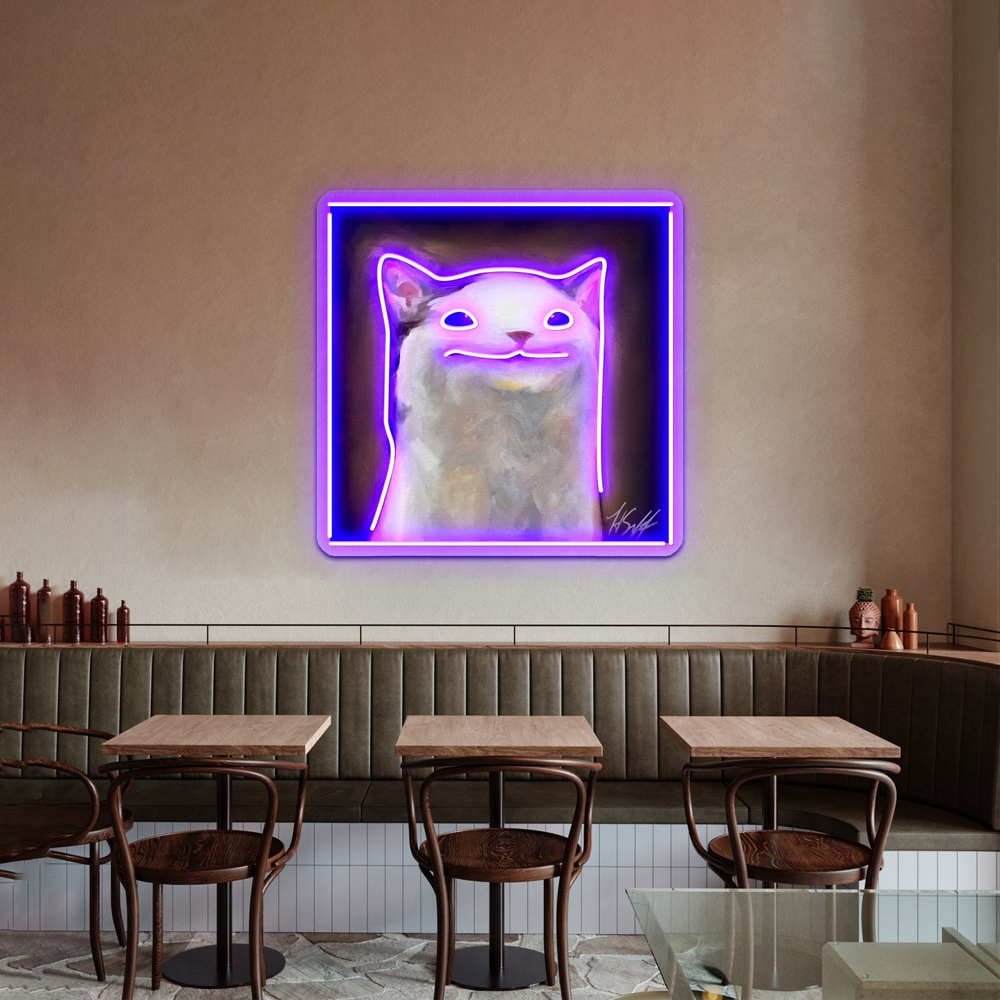 Handsome Pop Funny Cat Artwork Large Neon Signs