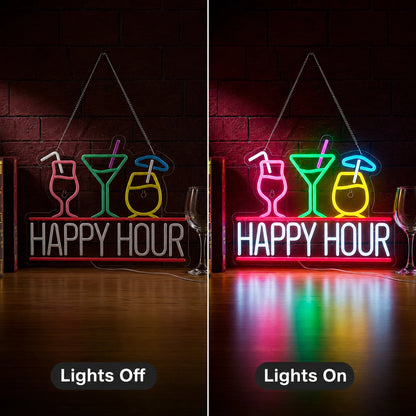 Hanging Happy Hour Neon Sign LED Neon Sign day and night comparison