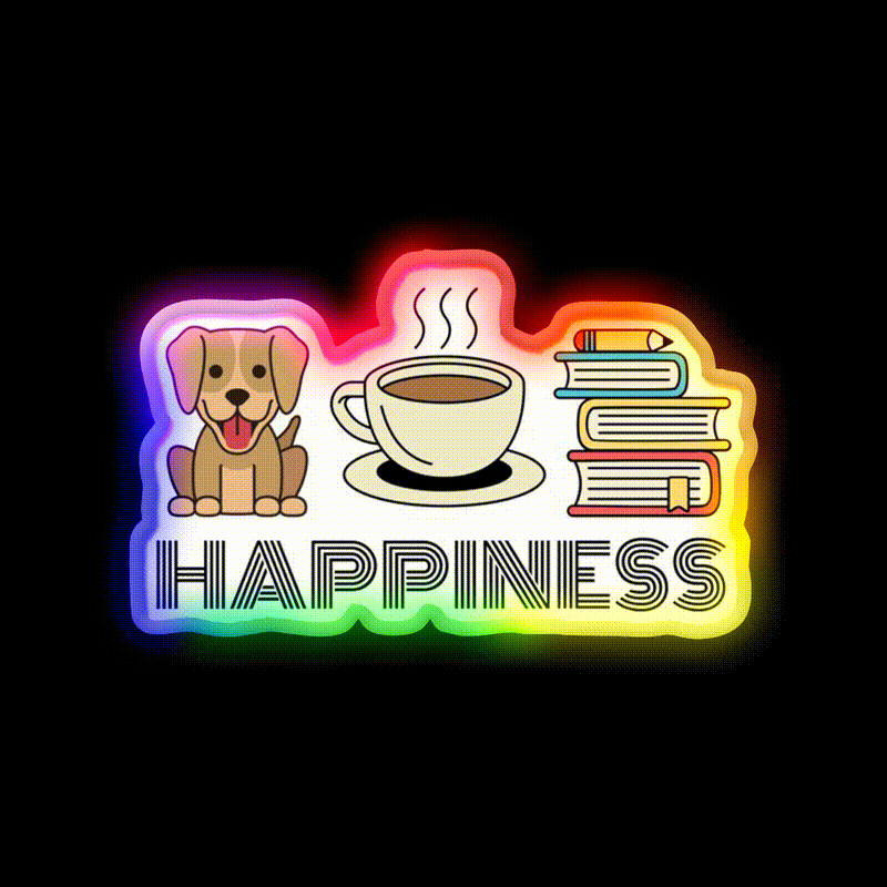 Happiness Dogs Coffee Books Motivation Led Neon Sign Espresso Bar Art Rgb Color
