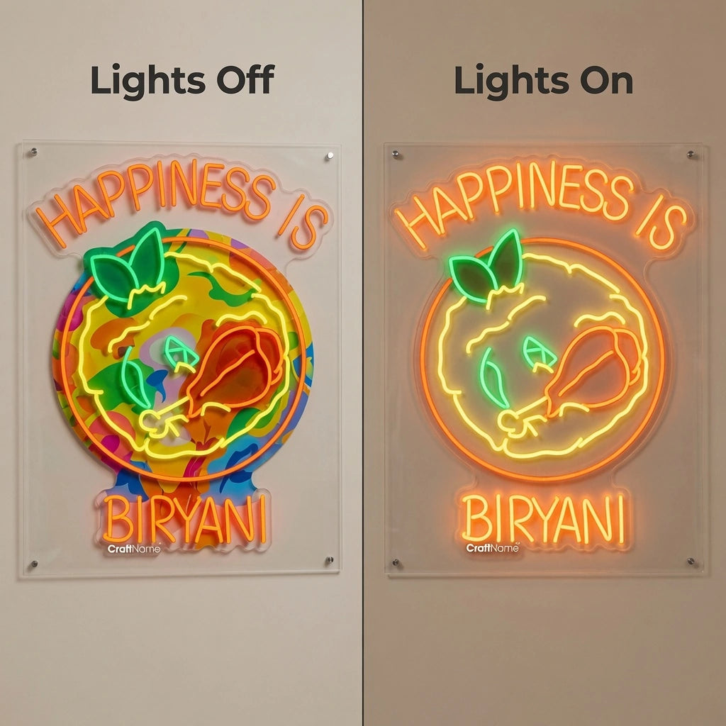 Happiness Is Biyani Wall Decor LED Neon Sign - 06 Day Night Comparison